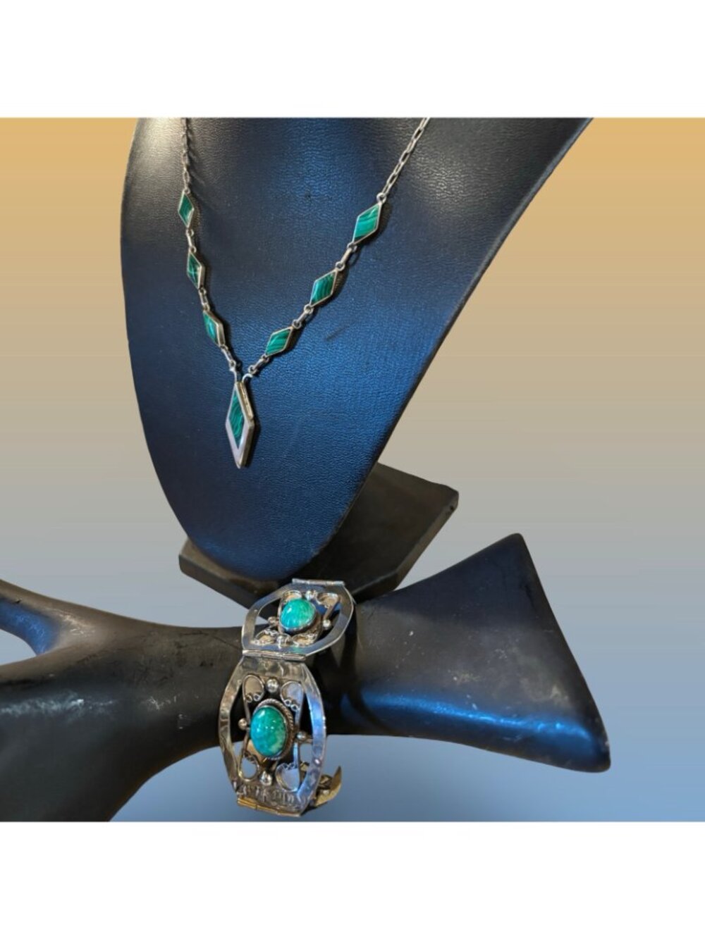 Authentic Sign Taxco Sterling Silver Turquoise Large Link Bracelet & Necklace - Picture 5 of 14